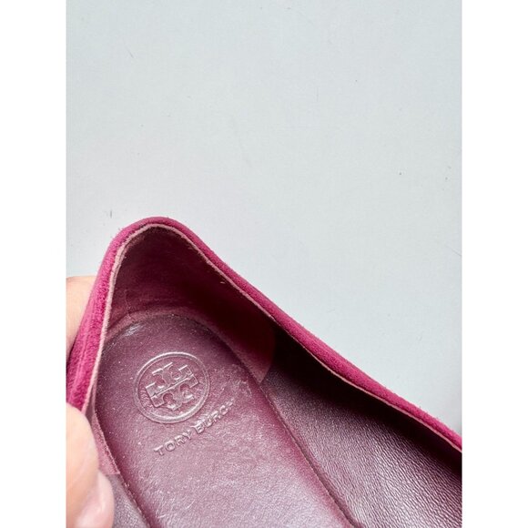 TORY BURCH Wine Burgundy Suede Leather Plastic Logo Driving Loafers, Size 9 - Picture 3 of 13